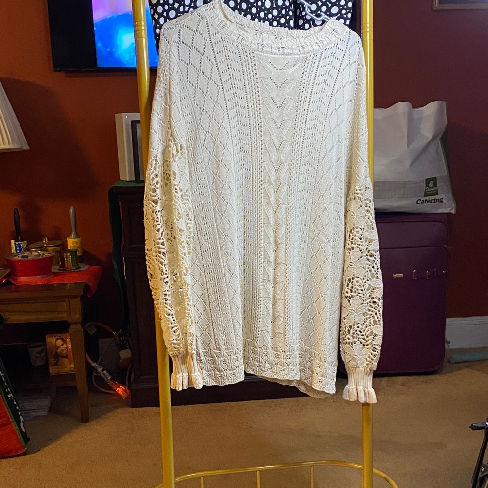 Cream Crochet Sleeve Knit Sweater